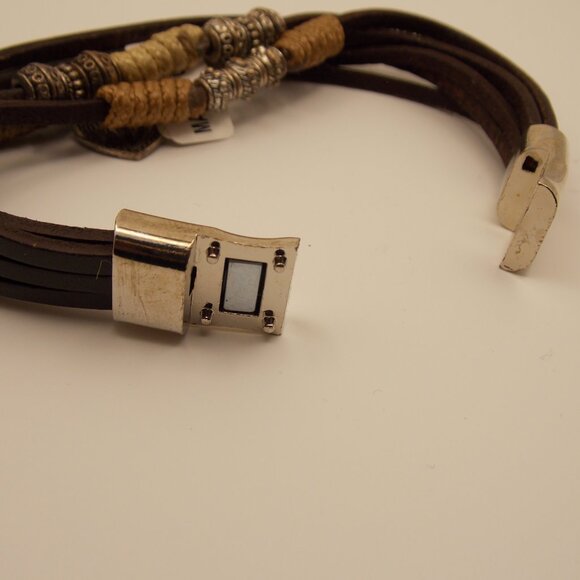 Leather and Silver Beaded 6 Strand Bracelet Magnet Clasp Heart Charm Boho Hippie - Picture 4 of 11
